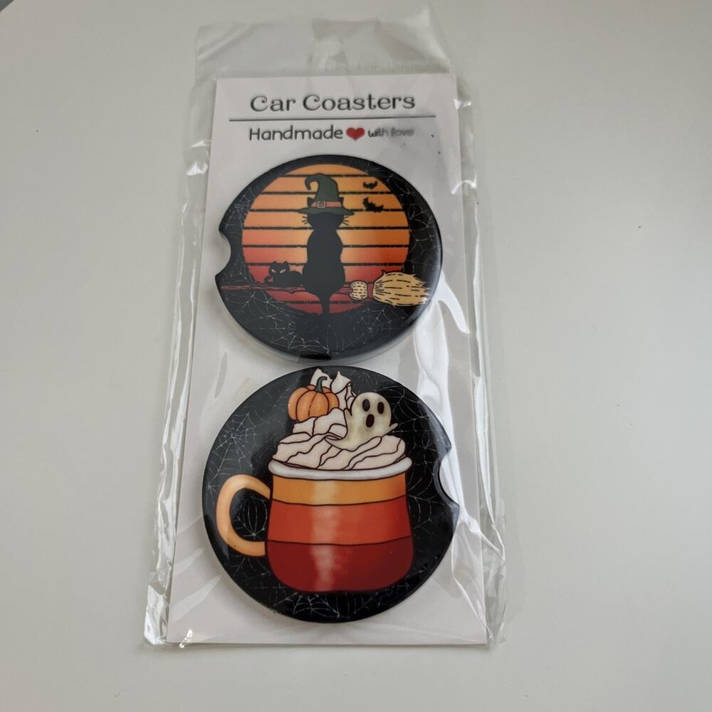Custom Heat Printed Car Coasters Halloween Fall Designs Set Of 2
